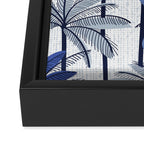 Retro Palm Springs vibes // white background highball indigo electric and pastel blue palm trees oxford navy blue lines Framed Canvas Print Gallery Image 3