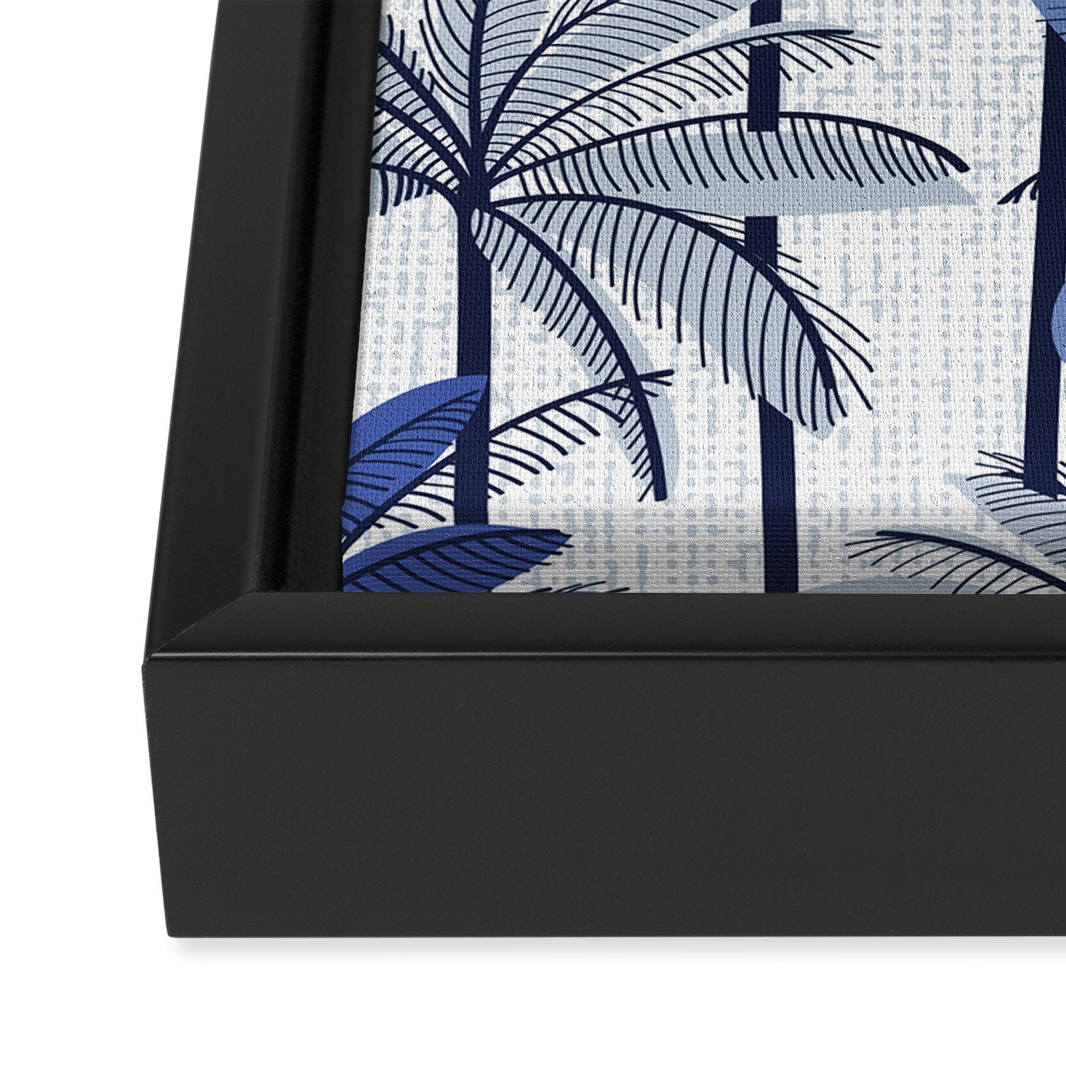 Retro Palm Springs vibes // white background highball indigo electric and pastel blue palm trees oxford navy blue lines Framed Canvas Print Gallery Image 3