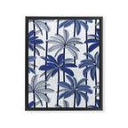 Retro Palm Springs vibes // white background highball indigo electric and pastel blue palm trees oxford navy blue lines Framed Canvas Print Gallery Image 6