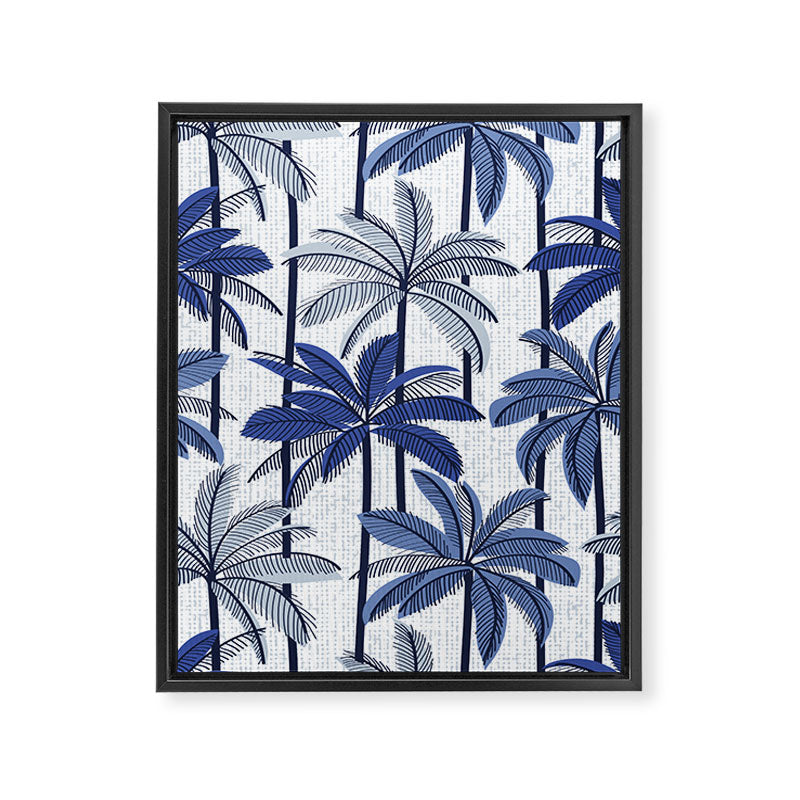 Retro Palm Springs vibes // white background highball indigo electric and pastel blue palm trees oxford navy blue lines Framed Canvas Print Gallery Image 6