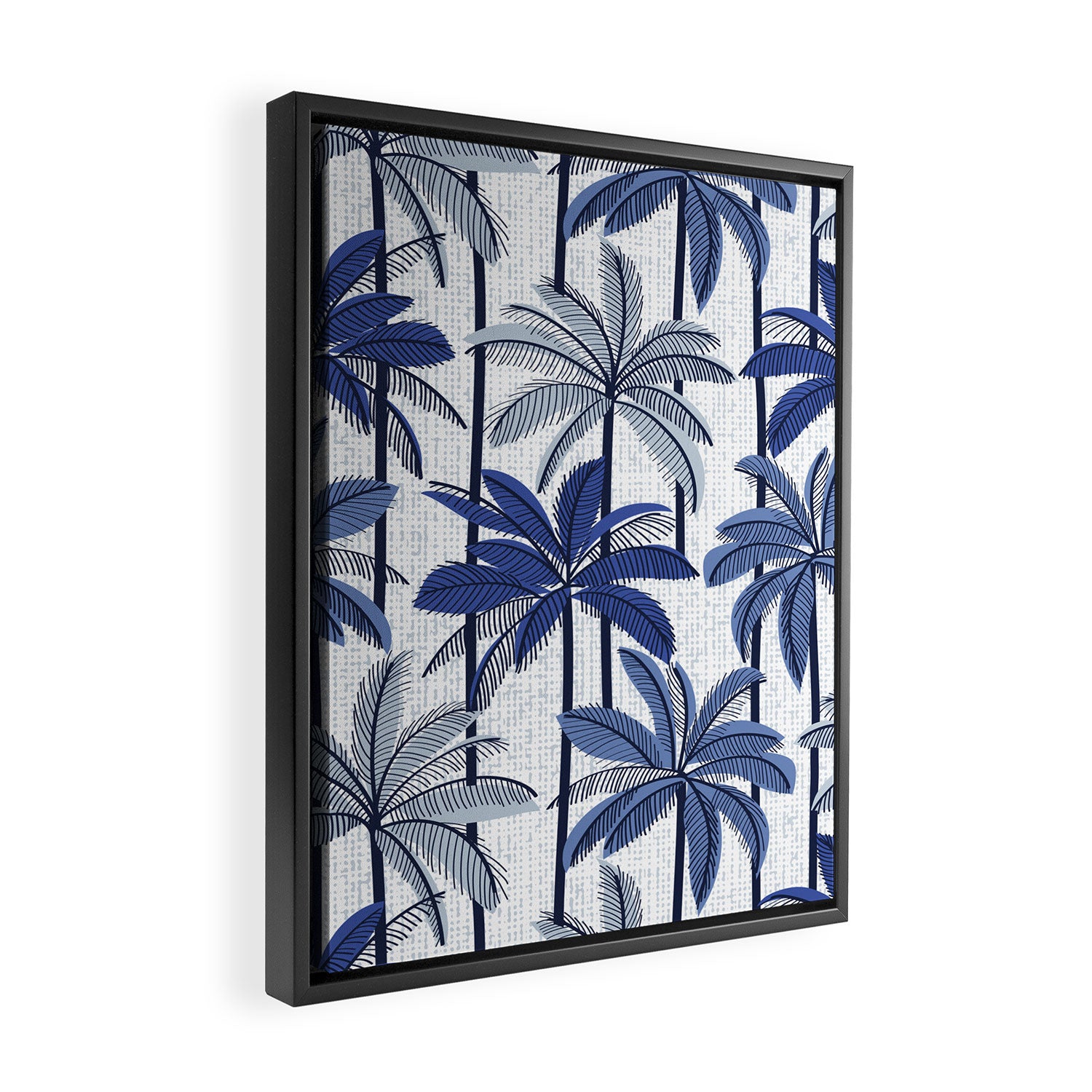 Retro Palm Springs vibes // white background highball indigo electric and pastel blue palm trees oxford navy blue lines Framed Canvas Print Gallery Image 2