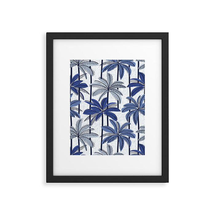 Retro Palm Springs vibes // white background highball indigo electric and pastel blue palm trees oxford navy blue lines Framed Art Print Gallery Image 1
