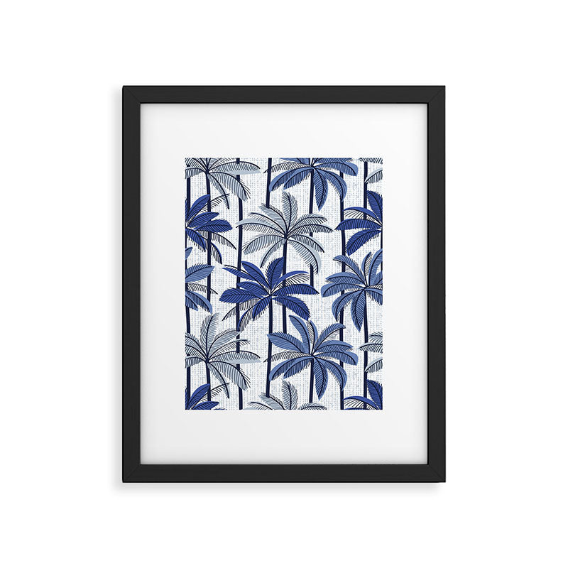 Retro Palm Springs vibes // white background highball indigo electric and pastel blue palm trees oxford navy blue lines Framed Art Print Gallery Image 5