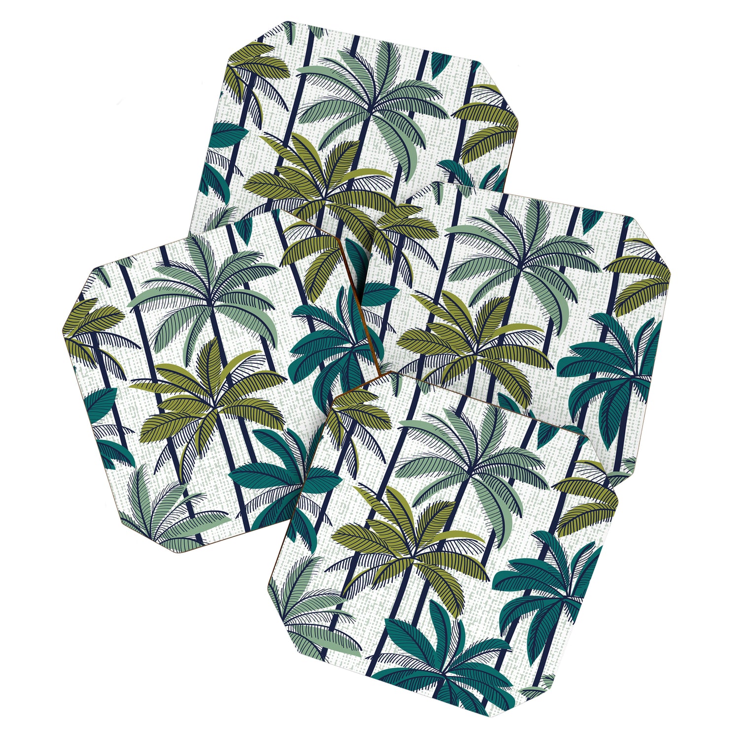 Retro Palm Springs vibes // white background highball sage and pine green palm trees oxford navy blue lines Coaster Gallery Image 1