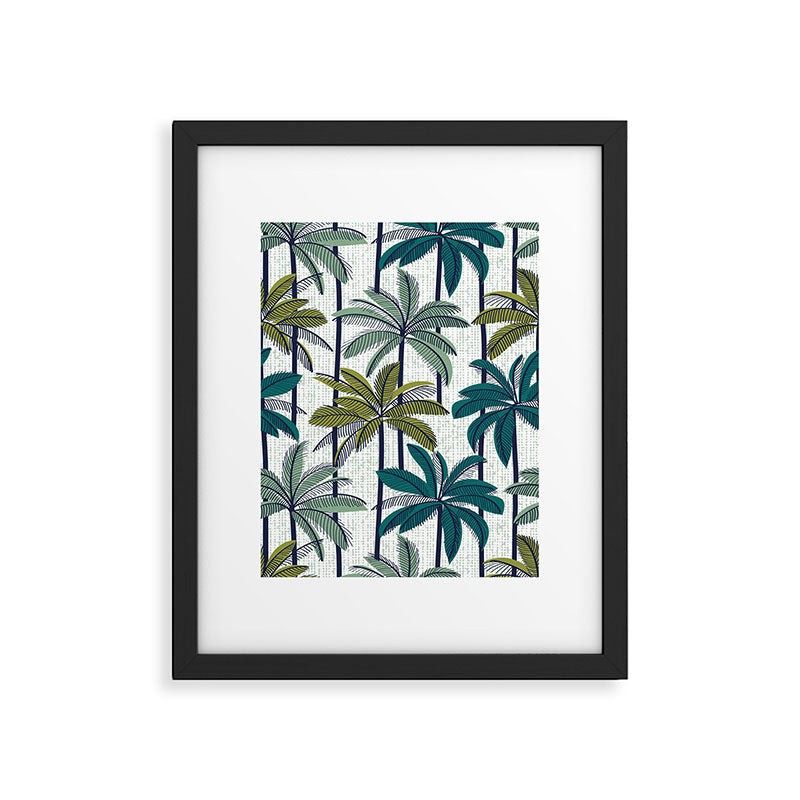 Retro Palm Springs vibes // white background highball sage and pine green palm trees oxford navy blue lines Framed Art Print Gallery Image 5