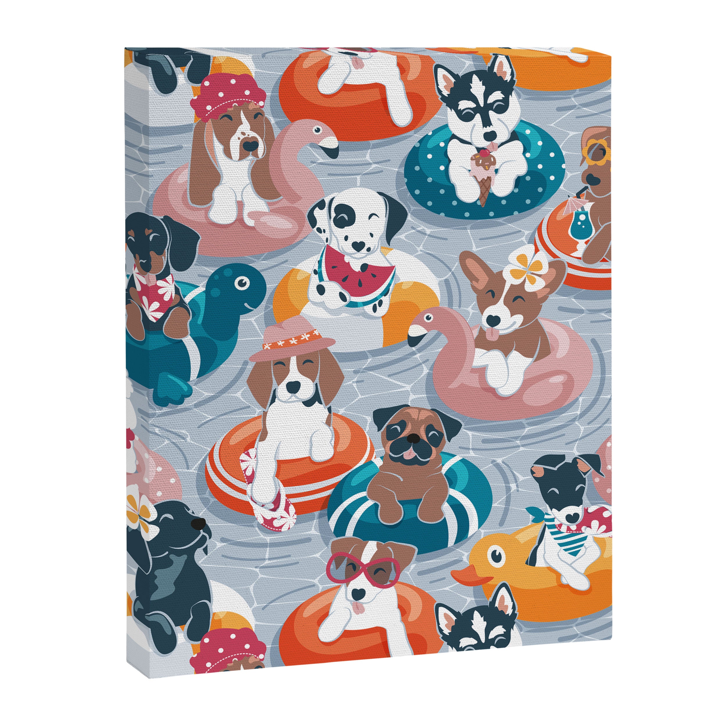 Summer pool pawty // pastel blue background dog breeds in vacations playing on swimming pool floats // Labrador beagle dachshund jack Russell Dalmatian welsh corgi pug greyhound basset hound husky  Canvas Print Gallery Image 6