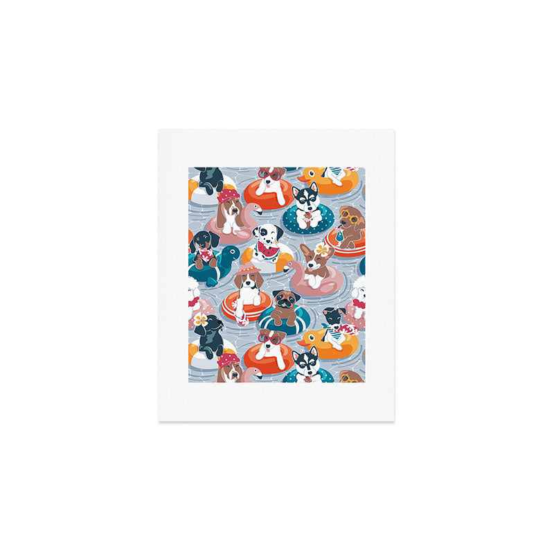 Summer pool pawty // pastel blue background dog breeds in vacations playing on swimming pool floats // Labrador beagle dachshund jack Russell Dalmatian welsh corgi pug greyhound basset hound husky  Art Print Gallery Image 1