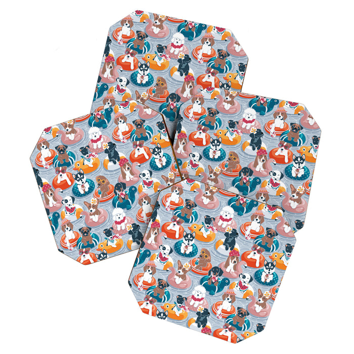 Summer pool pawty // pastel blue background dog breeds in vacations playing on swimming pool floats // Labrador beagle dachshund jack Russell Dalmatian welsh corgi pug greyhound basset hound husky  Coaster Gallery Image 1
