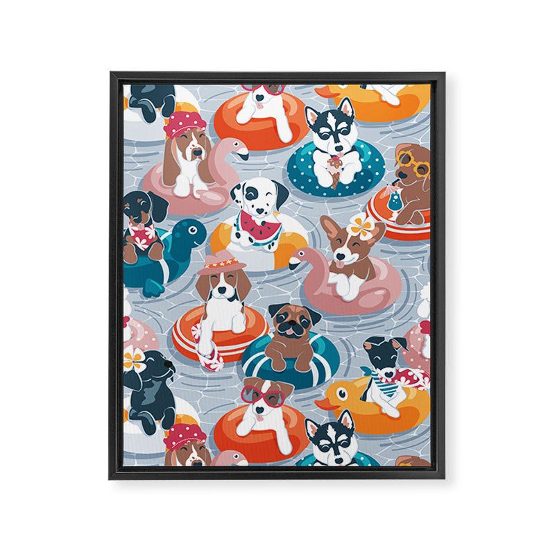 Summer pool pawty // pastel blue background dog breeds in vacations playing on swimming pool floats // Labrador beagle dachshund jack Russell Dalmatian welsh corgi pug greyhound basset hound husky  Framed Canvas Print Gallery Image 6