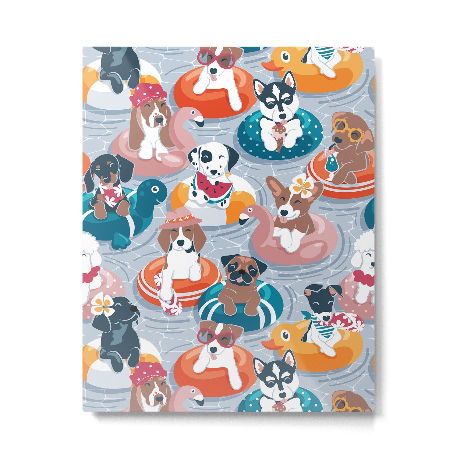 Summer pool pawty // pastel blue background dog breeds in vacations playing on swimming pool floats // Labrador beagle dachshund jack Russell Dalmatian welsh corgi pug greyhound basset hound husky  Metal Print Gallery Image 4