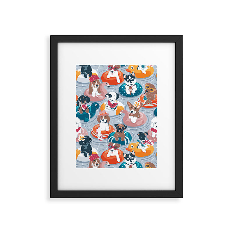 Summer pool pawty // pastel blue background dog breeds in vacations playing on swimming pool floats // Labrador beagle dachshund jack Russell Dalmatian welsh corgi pug greyhound basset hound husky  Framed Art Print Gallery Image 5