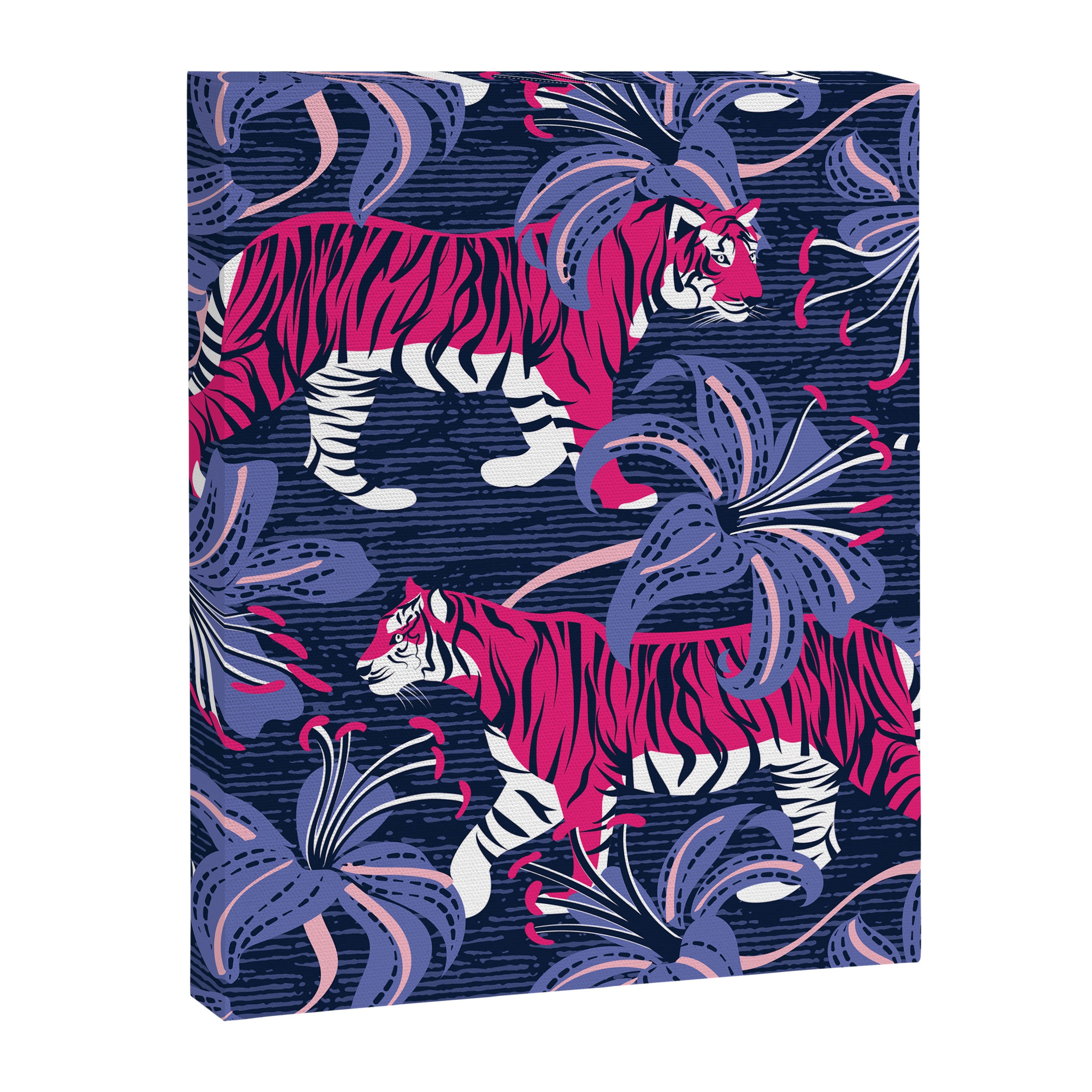 Tigers in a tiger lily garden // textured navy blue background fuchsia pink wild animals very peri flowers Canvas Print Gallery Image 6