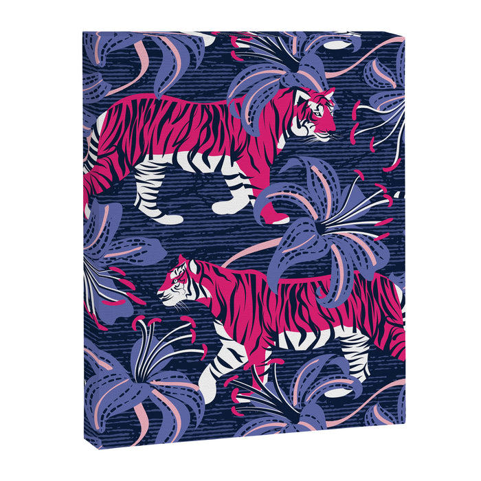 Tigers in a tiger lily garden // textured navy blue background fuchsia pink wild animals very peri flowers Canvas Print Gallery Image 1