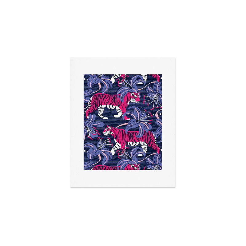 Tigers in a tiger lily garden // textured navy blue background fuchsia pink wild animals very peri flowers Art Print Gallery Image 1