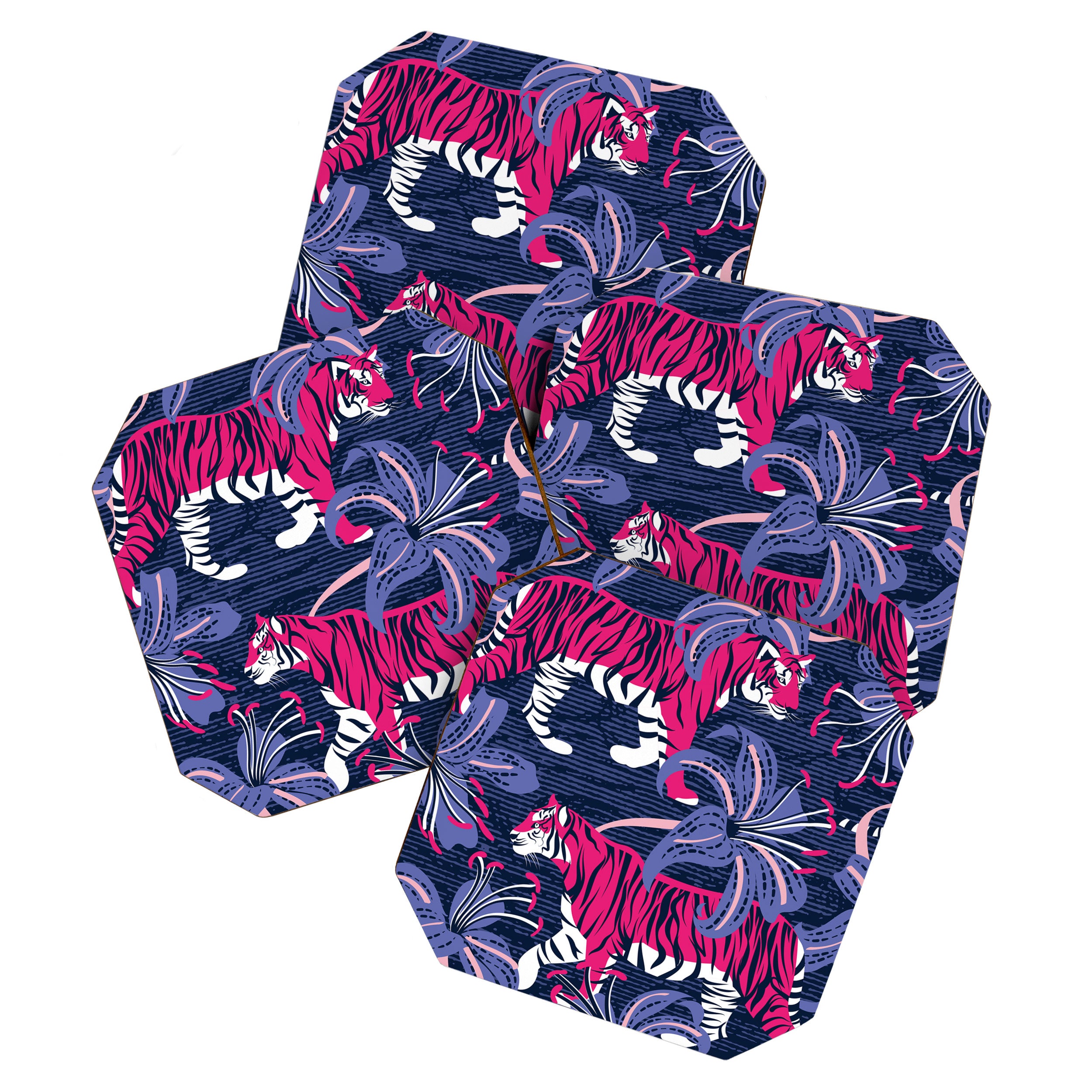 Tigers in a tiger lily garden // textured navy blue background fuchsia pink wild animals very peri flowers Coaster Gallery Image 1