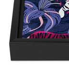 Tigers in a tiger lily garden // textured navy blue background fuchsia pink wild animals very peri flowers Framed Canvas Print Gallery Image 3