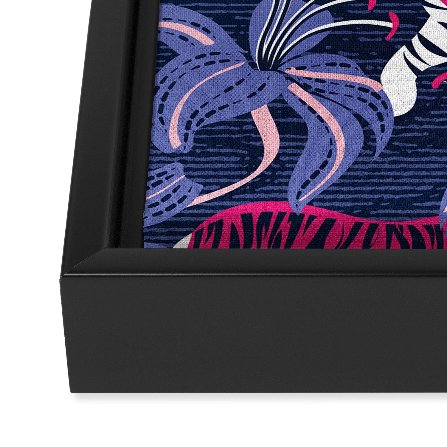 Tigers in a tiger lily garden // textured navy blue background fuchsia pink wild animals very peri flowers Framed Canvas Print Gallery Image 3