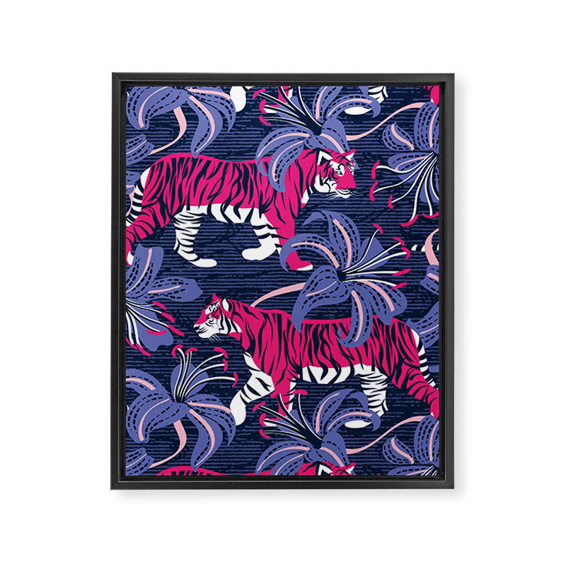 Tigers in a tiger lily garden // textured navy blue background fuchsia pink wild animals very peri flowers Framed Canvas Print Gallery Image 6