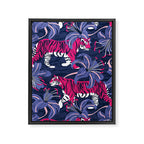 Tigers in a tiger lily garden // textured navy blue background fuchsia pink wild animals very peri flowers Framed Canvas Print Gallery Image 6