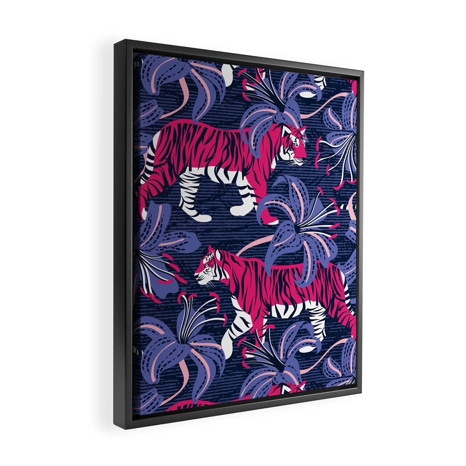 Tigers in a tiger lily garden // textured navy blue background fuchsia pink wild animals very peri flowers Framed Canvas Print Gallery Image 2