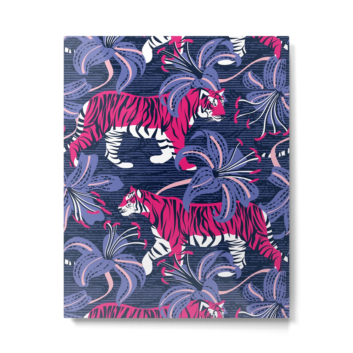 Tigers in a tiger lily garden // textured navy blue background fuchsia pink wild animals very peri flowers Metal Print Gallery Image 4