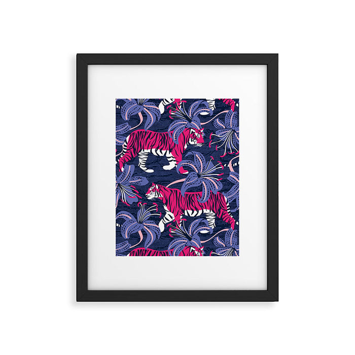 Tigers in a tiger lily garden // textured navy blue background fuchsia pink wild animals very peri flowers Framed Art Print Gallery Image 1
