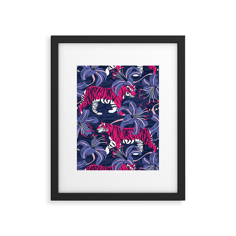 Tigers in a tiger lily garden // textured navy blue background fuchsia pink wild animals very peri flowers Framed Art Print Gallery Image 5