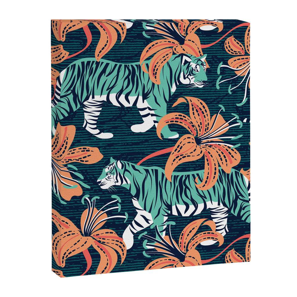 Tigers in a tiger lily garden // textured navy blue background spearmint green wild animals papaya orange flowers Canvas Print Gallery Image 6