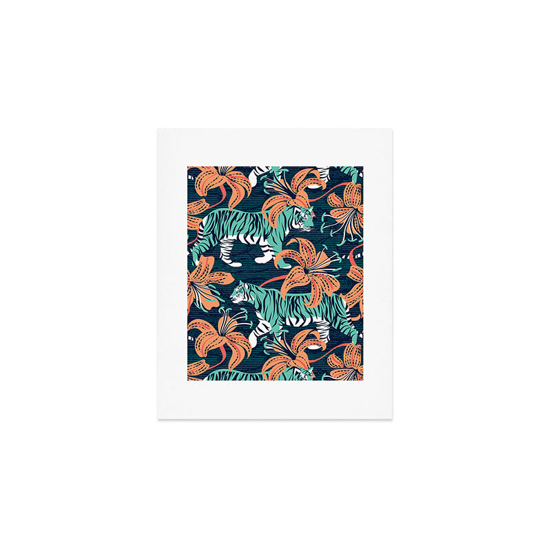 Tigers in a tiger lily garden // textured navy blue background spearmint green wild animals papaya orange flowers Art Print Gallery Image 1