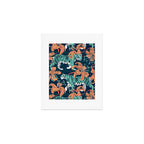 Tigers in a tiger lily garden // textured navy blue background spearmint green wild animals papaya orange flowers Art Print Gallery Image 1