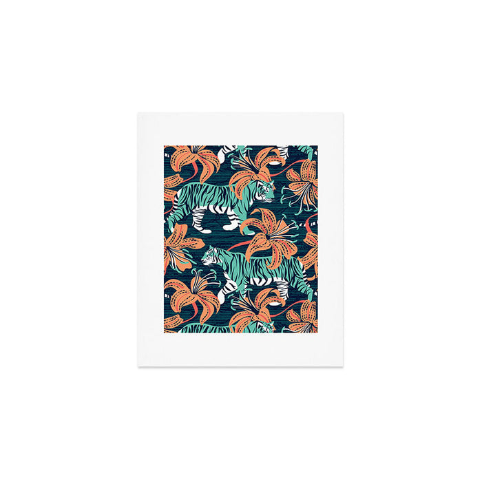 Tigers in a tiger lily garden // textured navy blue background spearmint green wild animals papaya orange flowers Art Print Gallery Image 1