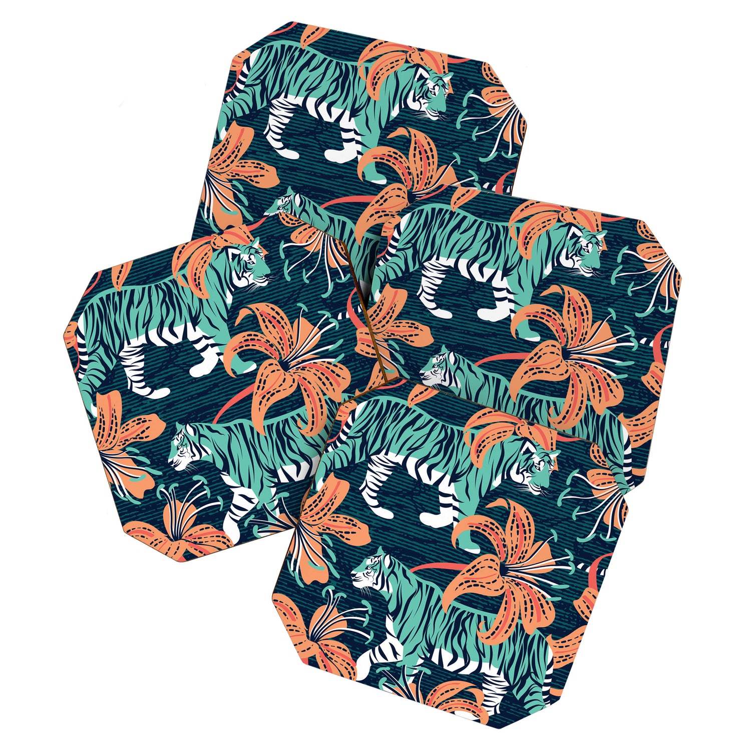 Tigers in a tiger lily garden // textured navy blue background spearmint green wild animals papaya orange flowers Coaster Gallery Image 1