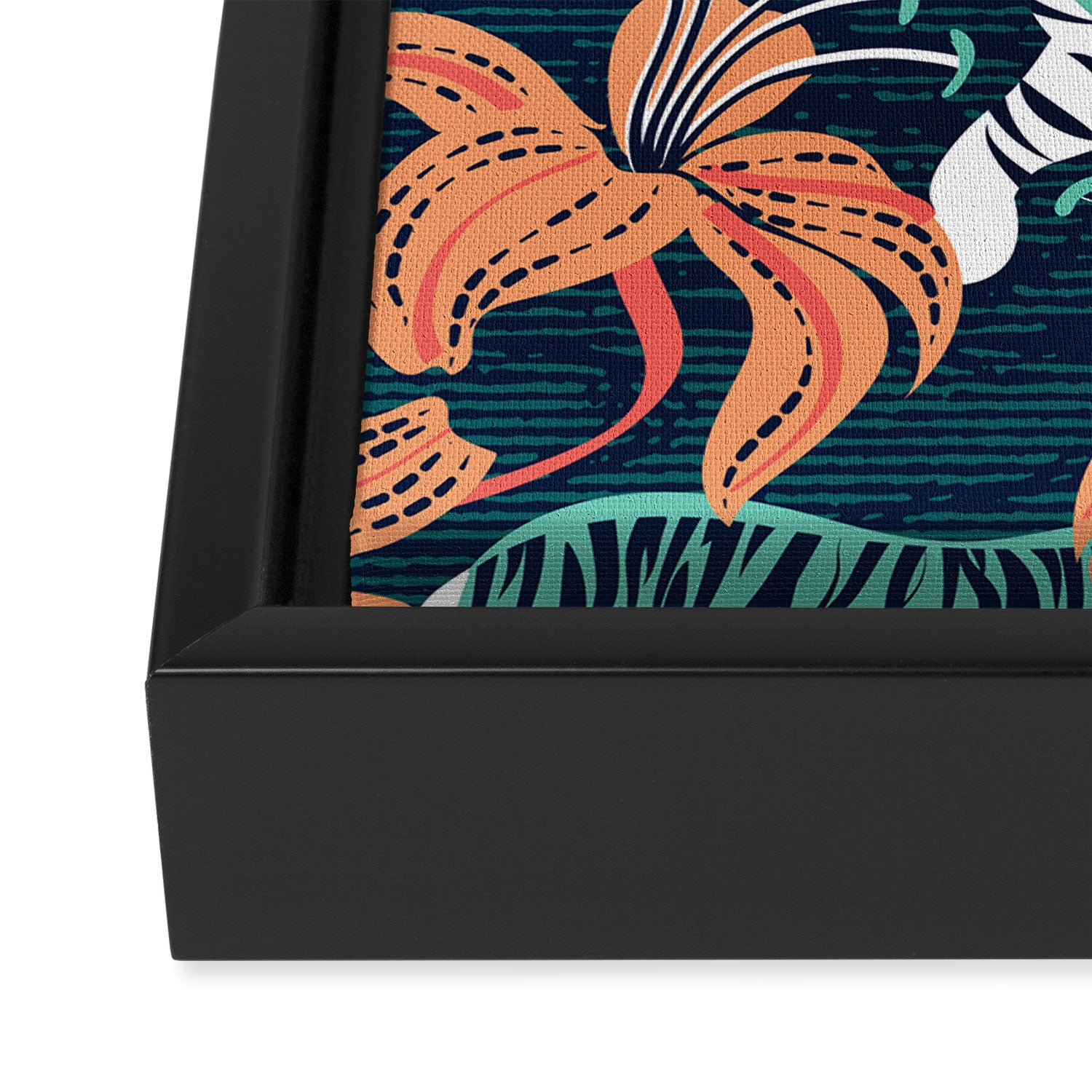Tigers in a tiger lily garden // textured navy blue background spearmint green wild animals papaya orange flowers Framed Canvas Print Gallery Image 3