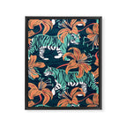 Tigers in a tiger lily garden // textured navy blue background spearmint green wild animals papaya orange flowers Framed Canvas Print Gallery Image 6