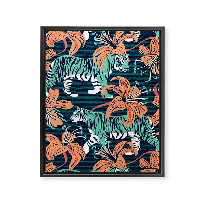 Tigers in a tiger lily garden // textured navy blue background spearmint green wild animals papaya orange flowers Framed Canvas Print Gallery Image 1