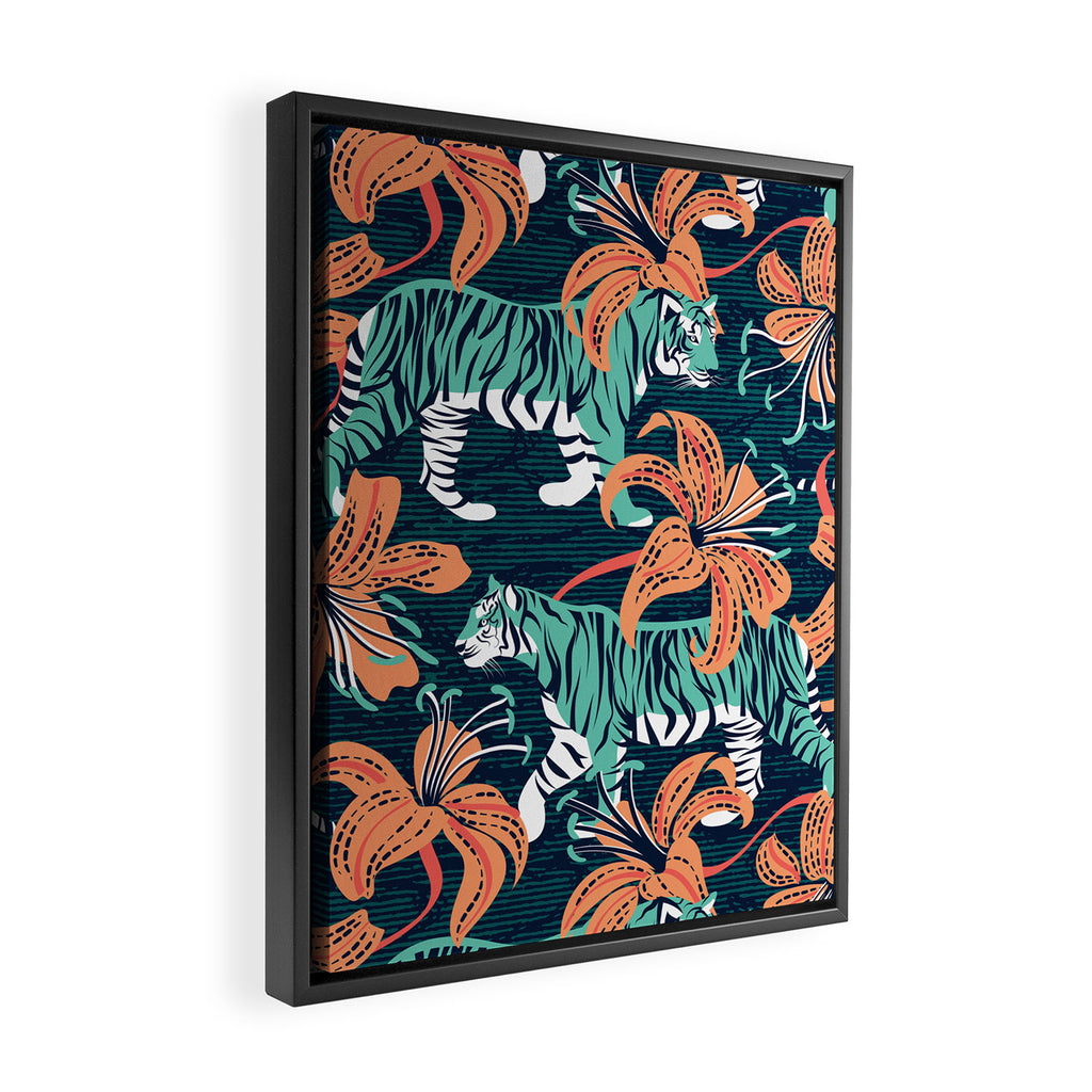 Tigers in a tiger lily garden // textured navy blue background spearmint green wild animals papaya orange flowers Framed Canvas Print Gallery Image 2