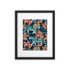 Tigers in a tiger lily garden // textured navy blue background spearmint green wild animals papaya orange flowers Framed Art Print Gallery Image 5