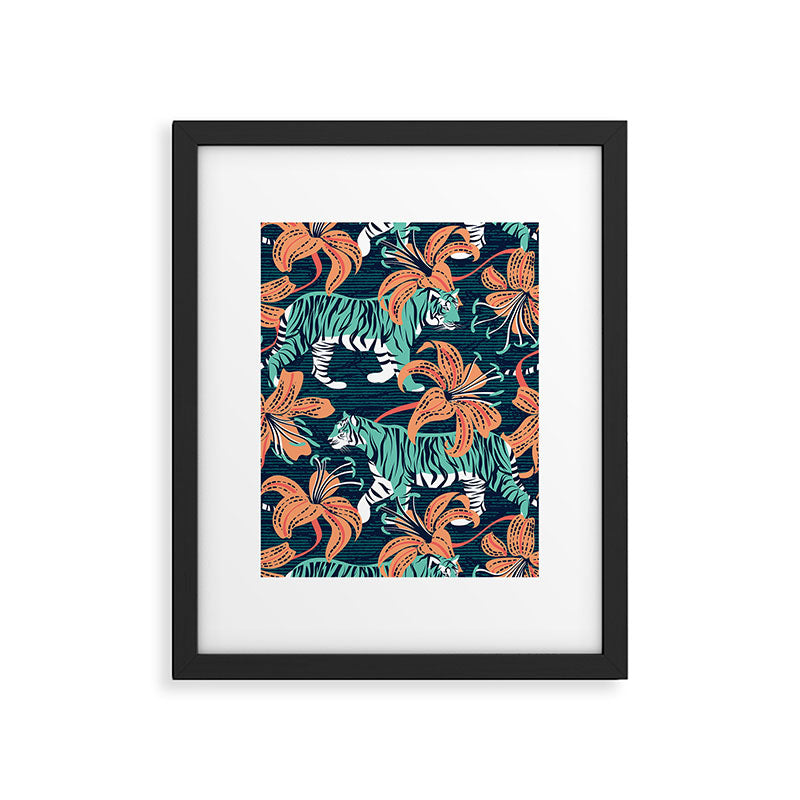 Tigers in a tiger lily garden // textured navy blue background spearmint green wild animals papaya orange flowers Framed Art Print Gallery Image 5