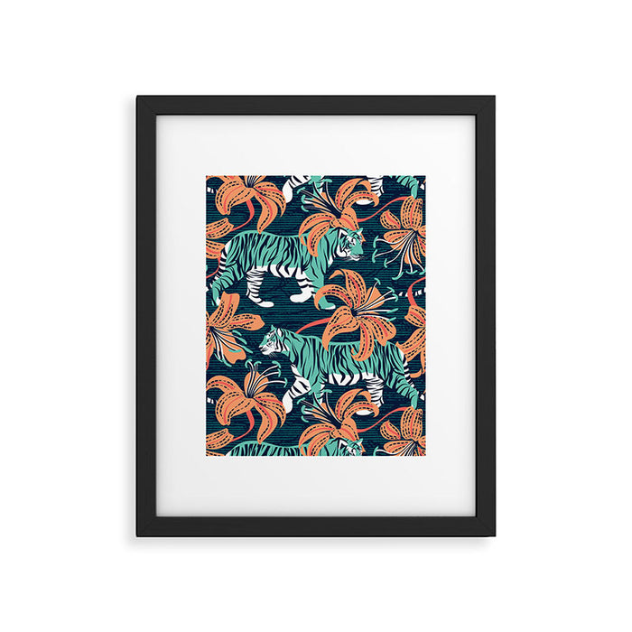 Tigers in a tiger lily garden // textured navy blue background spearmint green wild animals papaya orange flowers Framed Art Print Gallery Image 1