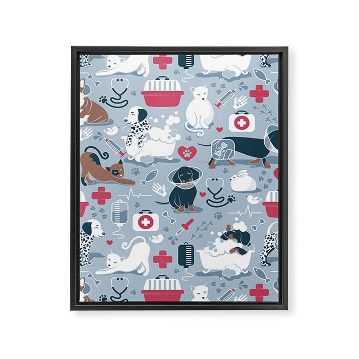 Veterinary medicine, happy and healthy friends // pastel blue background Framed Canvas Print Gallery Image 1