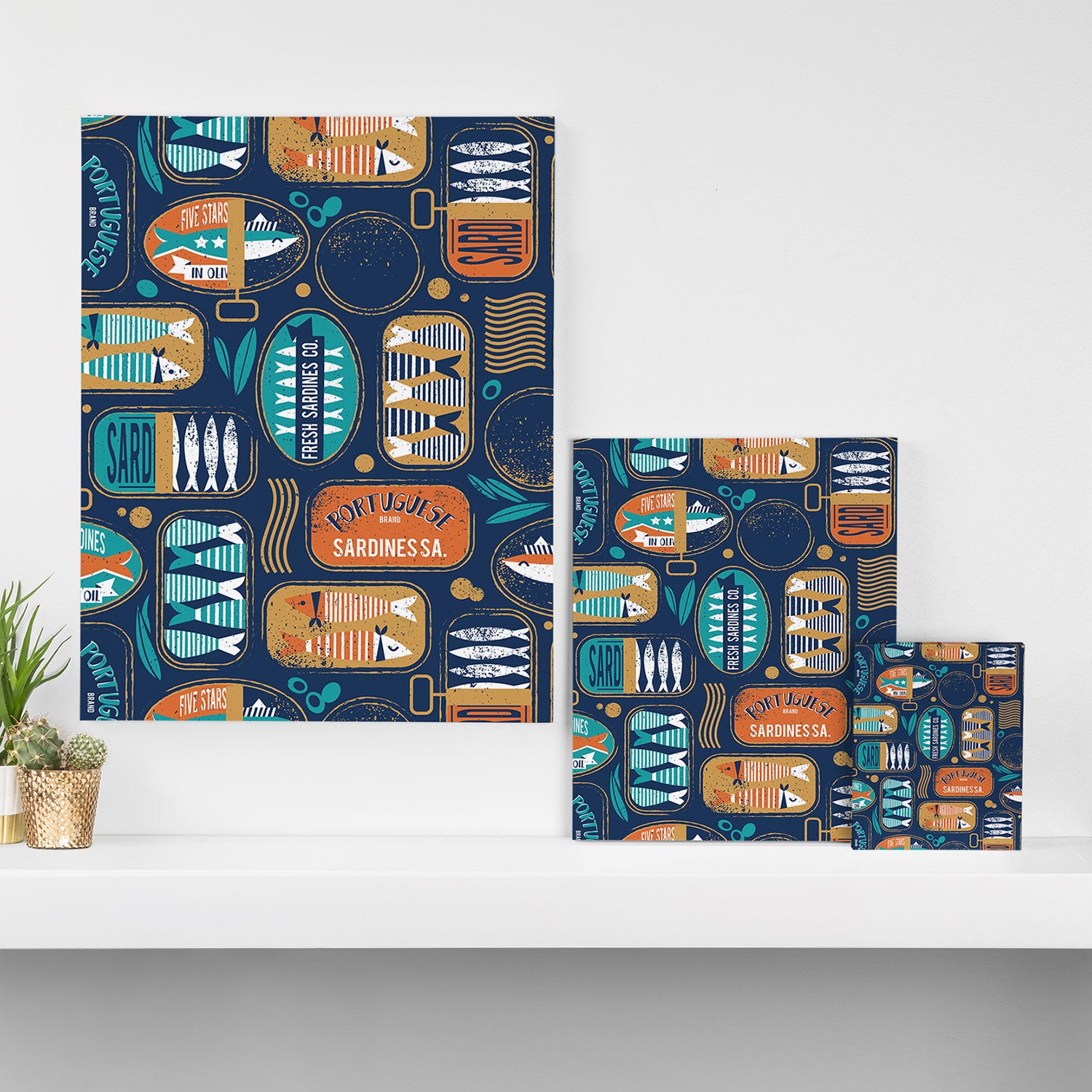 Vintage canned sardines // navy blue background peacock teal and gold drop orange cans  Canvas Print Gallery Image 3