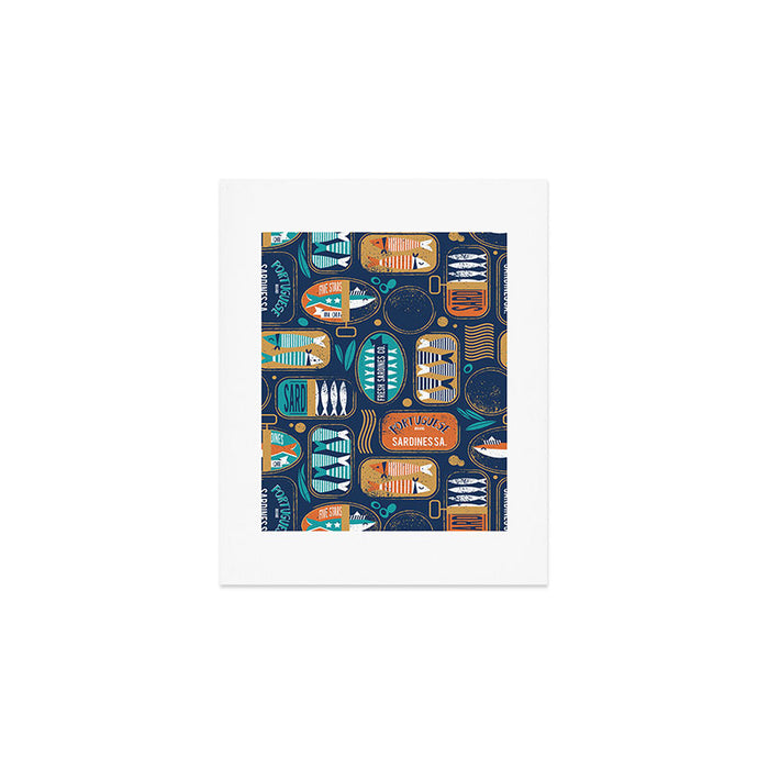 Vintage canned sardines // navy blue background peacock teal and gold drop orange cans  Art Print Gallery Image 1