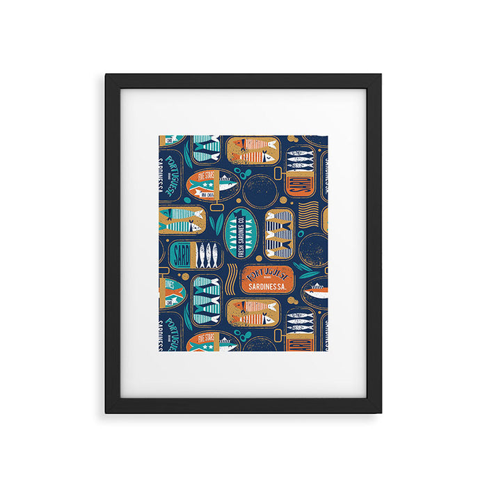 Vintage canned sardines // navy blue background peacock teal and gold drop orange cans  Framed Art Print Gallery Image 1