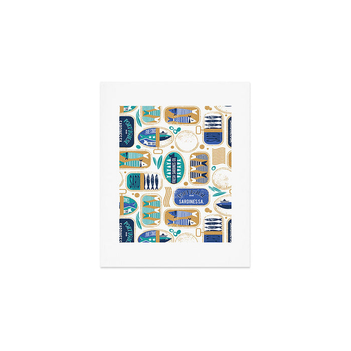 Vintage canned sardines // white background peacock teal and electric blue cans  Art Print Gallery Image 1