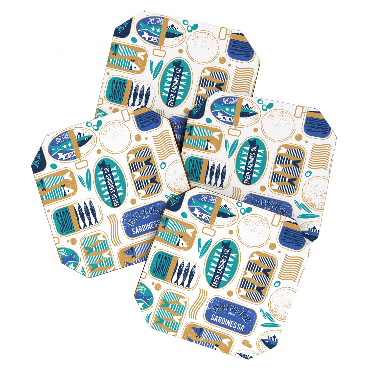 Vintage canned sardines // white background peacock teal and electric blue cans  Coaster Gallery Image 1