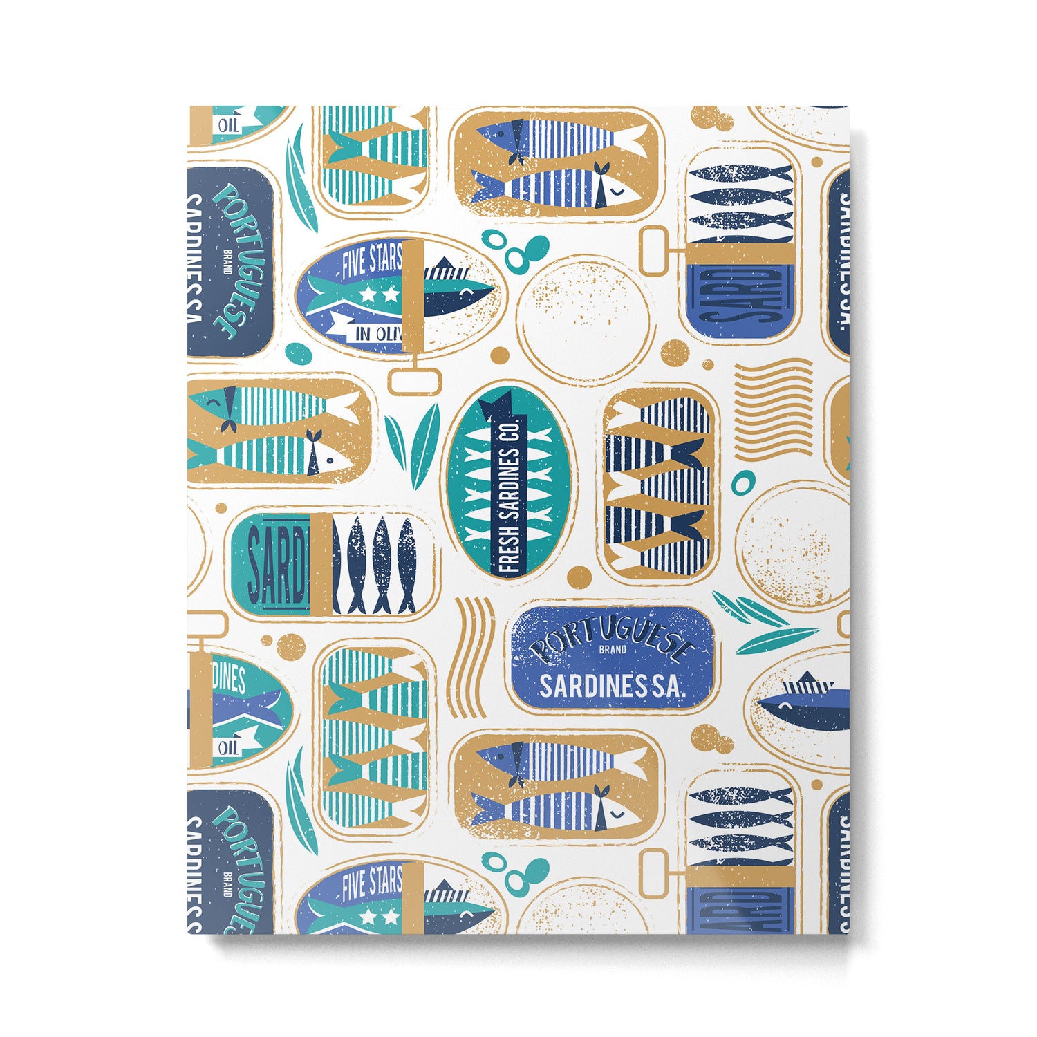 Vintage canned sardines // white background peacock teal and electric blue cans  Metal Print Gallery Image 4