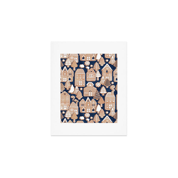 Whimsical Gingerbread Christmas Village // blue and brown Art Print Gallery Image 1