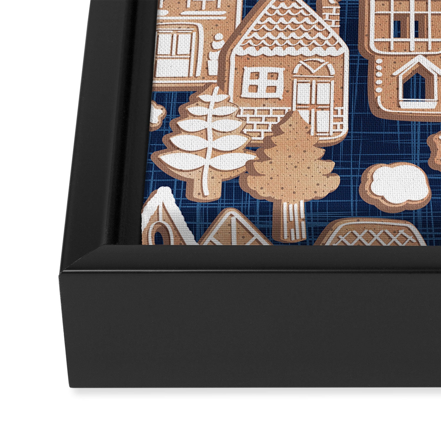 Whimsical Gingerbread Christmas Village // blue and brown Framed Canvas Print Gallery Image 3