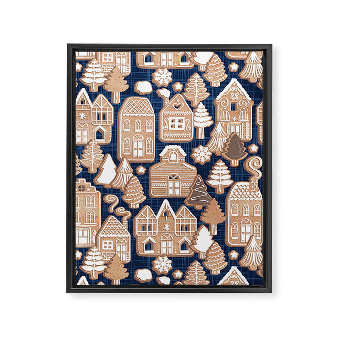 Whimsical Gingerbread Christmas Village // blue and brown Framed Canvas Print Gallery Image 1