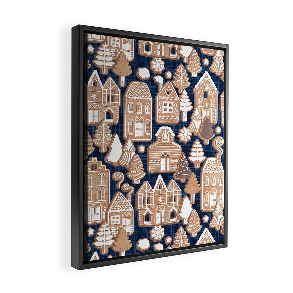 Whimsical Gingerbread Christmas Village // blue and brown Framed Canvas Print Gallery Image 2